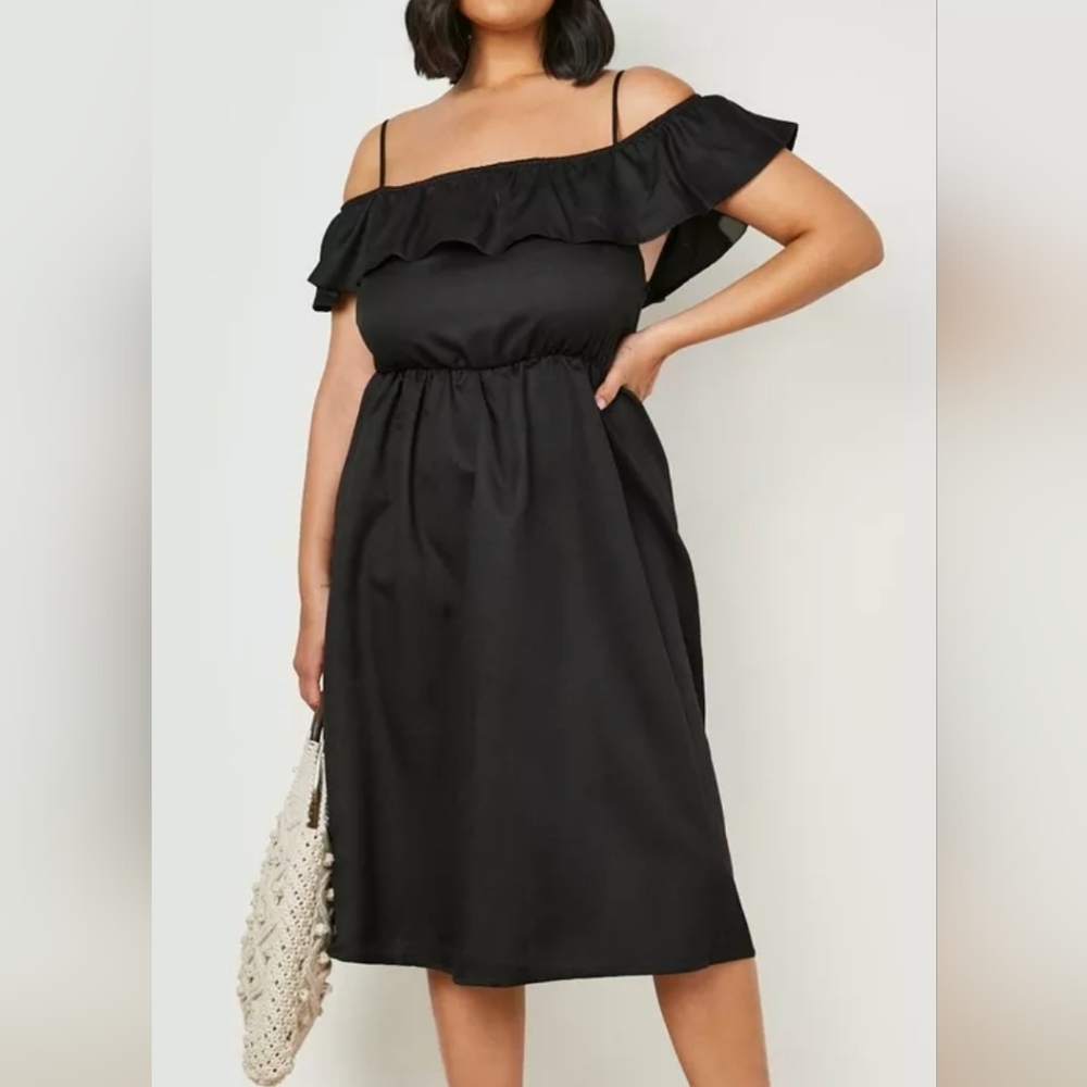Black Plus Size Woven cold shoulder frill  Midi Maxi dress